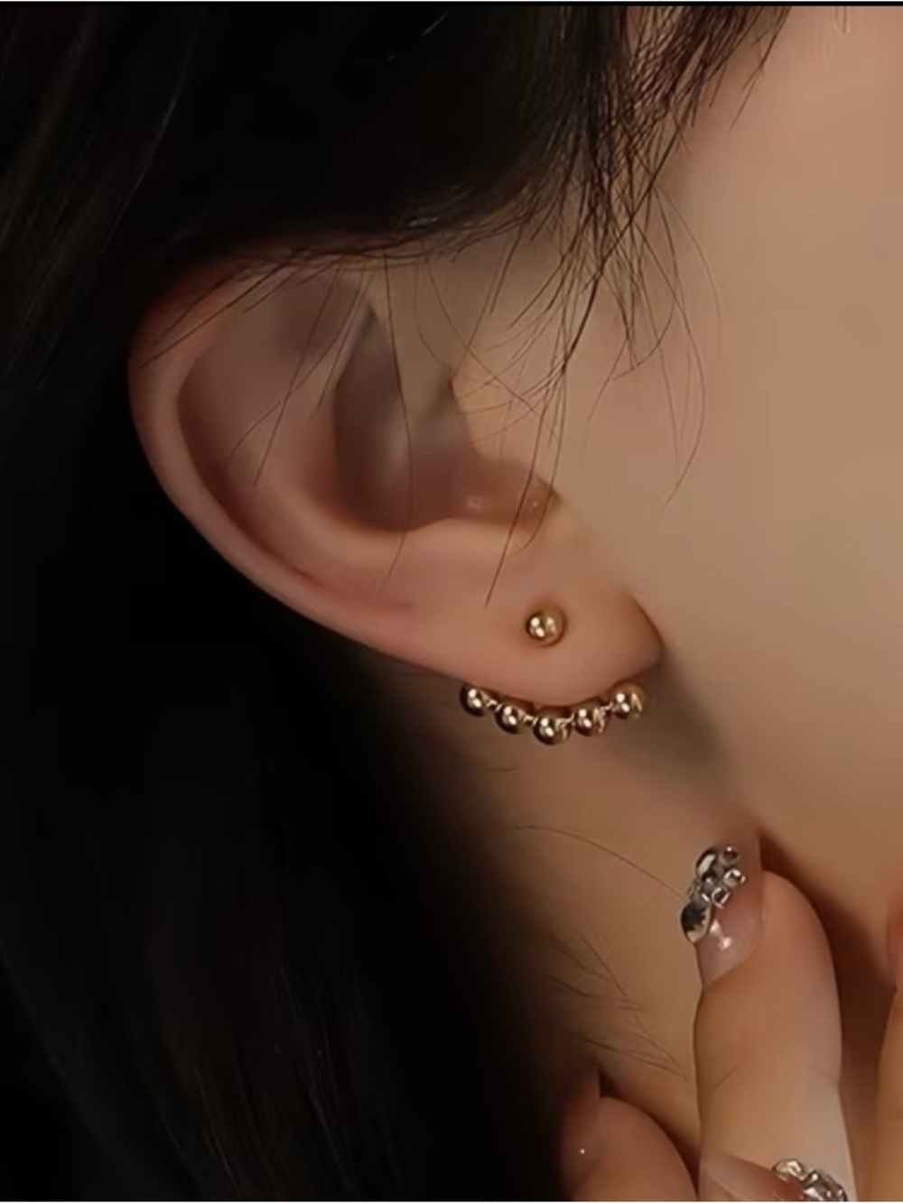 Gold Bead Curved Ear Cuff and Stud Set - Women's Jewelry